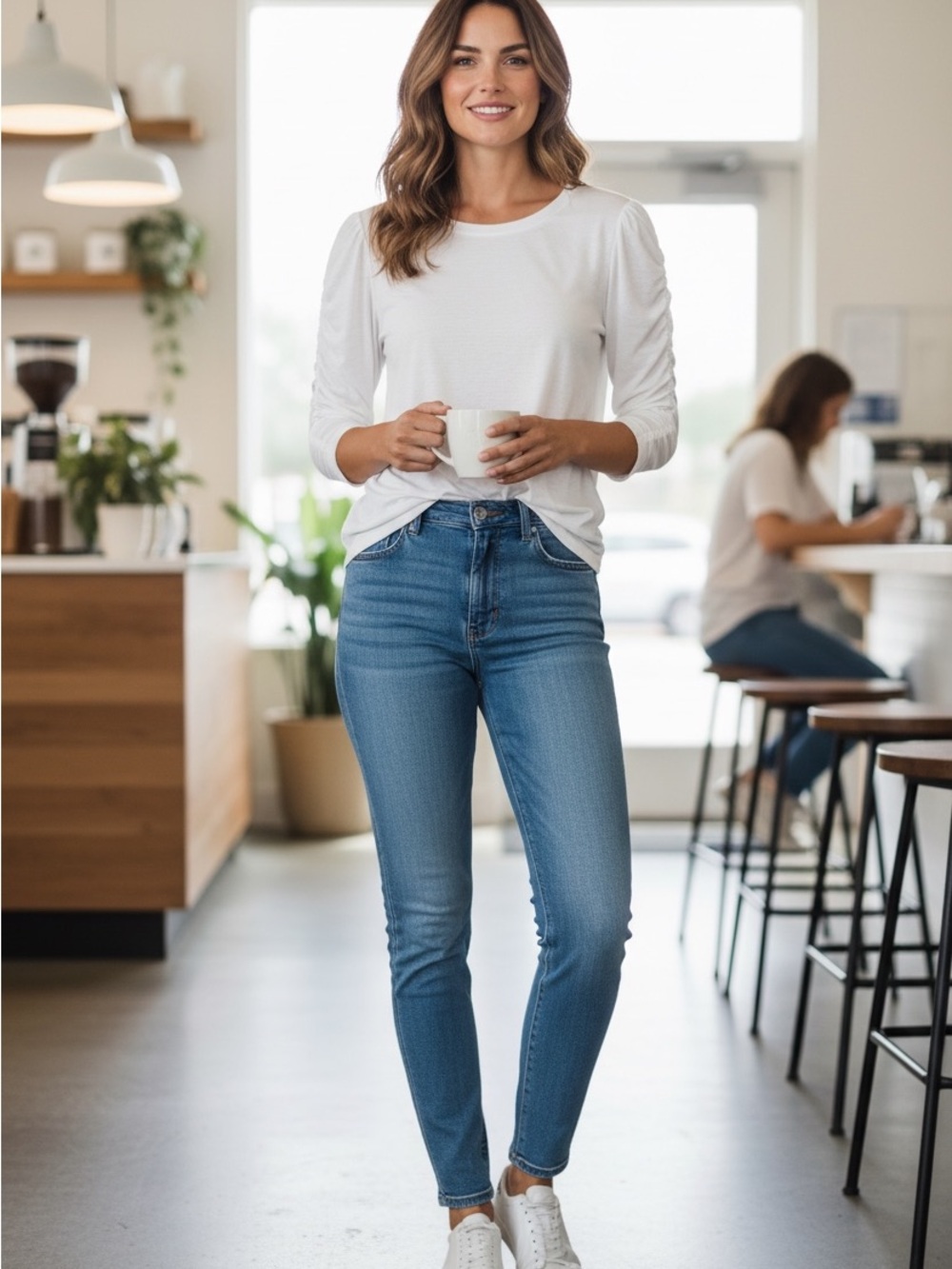 Veronica Beard White Ruched Sleeve Long-Sleeve Tee